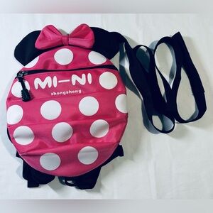 MI-NI Zhongsheng Mini Round Pink & White Polka Dot Backpack W/ Leash